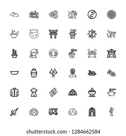 Editable 36 asian icons for web and mobile. Set of asian included icons line Chinese, India gate, Onigiri, Tuk tuk, Lotus, Sai, Noodles, Bowl, Lotus temple on white background