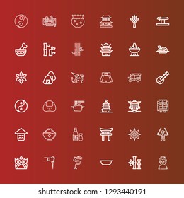 Editable 36 asian icons for web and mobile. Set of asian included icons line Sumo, Bamboo, Bowl, Dragon, Sai, Ninja, Shuriken, Torii, Sake, Chinese, Tofu, Pagoda, Noodles on red