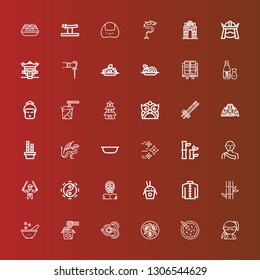 Editable 36 asian icons for web and mobile. Set of asian included icons line Ninja, Red bean soup, Tofu, Thai, Noodles, Bowl, Bamboo, Kimono, Rice, Wrestler, Taoism, Monk on red