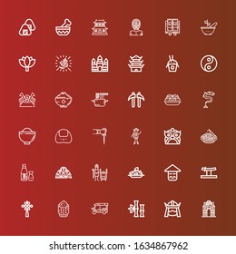 Editable 36 asian icons for web and mobile. Set of asian included icons line India gate, Samurai, Bamboo, Tuk tuk, Rice, Chinese knot, Katana, Chinese, Tandoor, Lotus temple on red