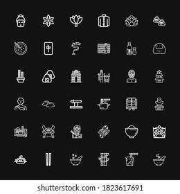 Editable 36 asian icons for web and mobile. Set of asian included icons line Bowl, Noodles, Bamboo, Chopsticks, Rice, Dragon, Nunchaku, Ninja, Samurai, Sushi on black background