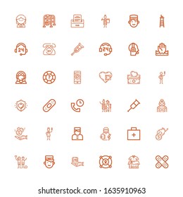 Editable 36 assistance icons for web and mobile. Set of assistance included icons line Plaster, Clothes donation, Lifesaver, Food donation, Bellboy, Charity on white background