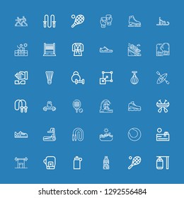 Editable 36 athlete icons for web and mobile. Set of athlete included icons line Punching bag, Tennis, Skier, Isotonic, Boxing gloves, Weightlifting, Swimming pool on blue background