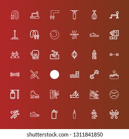 Editable 36 athlete icons for web and mobile. Set of athlete included icons line Canoe, Skier, Punching bag, Isotonic, Sneakers, Running, Baseball, Luge, Rowing, Kayak on red
