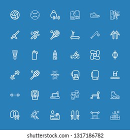 Editable 36 athlete icons for web and mobile. Set of athlete included icons line Swimming pool, Weightlifting, Jumping rope, Jumping, Ice skate, Bench press on blue background