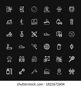 Editable 36 athlete icons for web and mobile. Set of athlete included icons line Canoe, Sumo, Swimming, Baseball, Barbell, Punching bag, Tennis, Luge, Stretching on black background