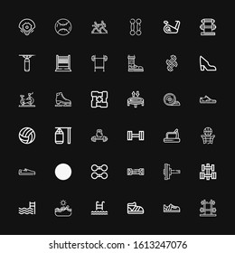 Editable 36 athletic icons for web and mobile. Set of athletic included icons line Dumbbell, Sneakers, Shoe, Swim, Swimming, Swimming pool, Resistance band on black background