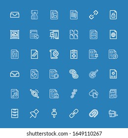 Editable 36 attach icons for web and mobile. Set of attach line icons including: Sharpener, Paper clip, Link, Pushpin, Push pin, Inbox, File, Chain, Broken link on blue background