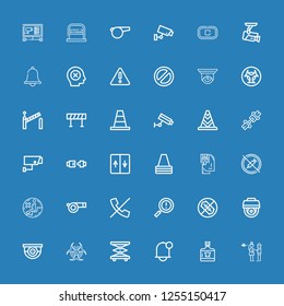 Editable 36 attention icons for web and mobile. Set of attention included icons line Distraction, Poison, Notification, Elevator, Biohazard, Surveillance, Cctv on blue background