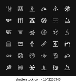 Editable 36 attention icons for web and mobile. Set of attention included icons line Cone, Restriction, Walking, Biohazard, Barrier, Warning, Cctv, Memorize on black background