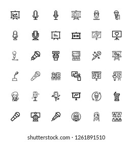 Editable 36 audience icons for web and mobile. Set of audience included icons line Audience, Singer, Customer, Microphone, Conference, Presentation, Class on white background