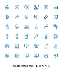 Editable 36 audience icons for web and mobile. Set of audience included icons line Presentation, Audience, Conference, Microphone, Class, Customer, Singer on white background