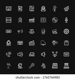 Editable 36 audio icons for web and mobile. Set of audio included icons line Sliders, Philharmonic, Singing, Microphone, Call center, Orchestra, DJ, Filter on black background