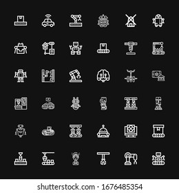 Editable 36 iconos de automatización para web y móvil. Conjunto de automatización incluye iconos línea Robot, brazo Robot, brazo Robótico, inteligencia artificial, transportador, robótica sobre fondo negro