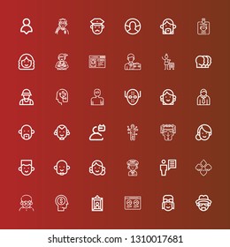 Editable 36 avatar icons for web and mobile. Set of avatar included icons line Heisenberg, Pilot, Profile, Portrait, Head, Man, Suit, User, Avatar, Woman, Voodoo, Serial killer on red