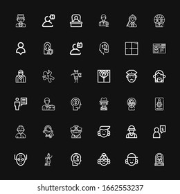 Editable 36 avatar icons for web and mobile. Set of avatar included icons line Woman, Avatar, Head, Maid, Serial killer, User, Zookeeper, Beard, Man, Admin on black background