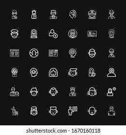 Editable 36 avatar icons for web and mobile. Set of avatar included icons line User, Avatar, Pilot, Woman, Add user, Policeman, Man, Employee, Head, Profile on black background