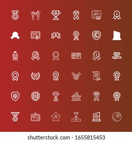 Editable 36 award icons for web and mobile. Set of award included icons line Billiard, Trophy, Podium, Star, Diploma, Medal, Ribbon, School, Shield, Prize, Certificate on red