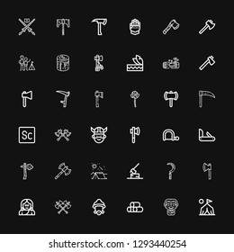 Editable 36 axe icons for web and mobile. Set of axe included icons line Camp, Caveman, Wood, Firefighter, Axes, Troglodyte, Axe, Scythe, Camping, Penknife on black background