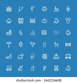 Editable 36 Baby Icons For Web And Mobile. Set Of Baby Included Icons Line Unicorn, Teddy Bear, Stuffed Animal, Pregnant, Stroller, Carriage, Wagon, Baby Hat On Blue Background