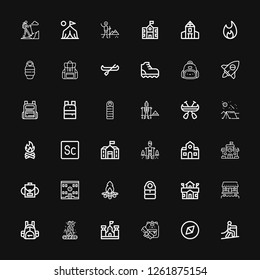 Editable 36 backpack icons for web and mobile. Set of backpack included icons line Climbing, Adventure, Backpack, School, Bonfire, Cabin, Sleeping bag, Hiking on black background