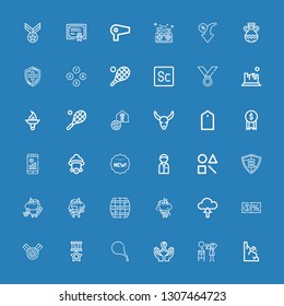 Editable 36 badge icons for web and mobile. Set of badge included icons line Rocks, Hair dryer, Ribbon, Enema, Medal, Discount, Upload, Unicorn, Cask, Shield on blue background