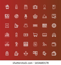Editable 36 bag icons for web and mobile. Set of bag included icons line Wallet, Blood transfusion, Money, Coffee cup, Sleeping bag, Hiking, Seed Coffee maker, Trolley on red