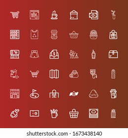 Editable 36 iconos de bolsa para web y móvil. Conjunto de bolsos incluidos íconos línea de estuche de lápiz, dinero, canasta, cupón, golf, taza de café, bolso de bolso, donación de sangre, oficina, tienda en línea en rojo