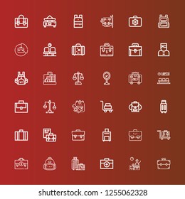 Editable 36 baggage icons for web and mobile. Set of baggage included icons line Briefcase, Waiting room, Travel, Backpack, Suitcase, Luggage, Balance, Airport, Bellboy on red