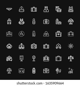Editable 36 baggage icons for web and mobile. Set of baggage included icons line Waiting room, Control tower, Briefcase, Suitcase, Balance, Airport, Flight information on black background