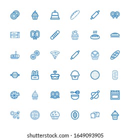 Editable 36 bake icons for web and mobile. Set of bake included icons line Muffin, Bread, Sourdough, Pizza, Measuring spoons, Oven, Rolling pin, Whisk, Pretzel on white background
