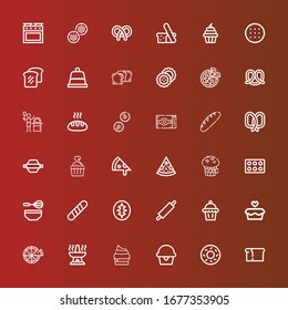 Editable 36 bake icons for web and mobile. Set of bake included icons line Bread, Bagel, Cupcake, Oven, Pizza, Muffin, Rolling pin, Sourdough, Baguette, Whisk, Pretzel on red