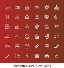 Editable 36 bakery icons for web and mobile. Set of bakery included icons line Profiterole, Cupcake, Cake, Sweet, Cookie, Rolling pin, Bread, Mixer, Baguette, Chef, Junk food on red