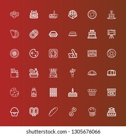Editable 36 bakery icons for web and mobile. Set of bakery included icons line Cake, Muffin, Biscuit, Bread, Pretzel, Cupcake, Fish food, Cookie, Cookies, Sponge cake, Croissant on red