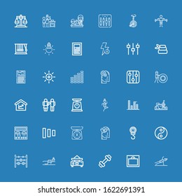 Editable 36 balance icons for web and mobile. Set of balance included icons line Fitness, Weight, Balance, Weights, Yin yang, Scale, Relax, Fade buttons, Control panel on blue background