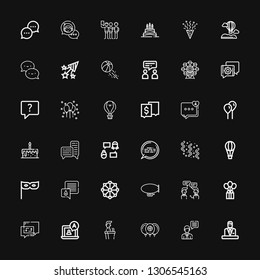 Editable 36 balloon icons for web and mobile. Set of balloon included icons line Commentator, Chat, Balloon, Speech, Conversation, Zeppelin, Ferris wheel, Party on black background