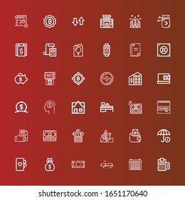 Editable 36 bank icons for web and mobile. Set of bank included icons line Payment, Building, Gold, Money, Money bag, Cards, Funds, Wallet, Receipt, Payment method, Cash machine on red