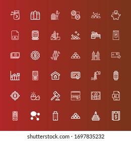 Editable 36 bank icons for web and mobile. Set of bank included icons line Bill, Building, Ingots, Dollar, Wallet, Illustrator, Money, Payment method, Auction, Bitcoin on red
