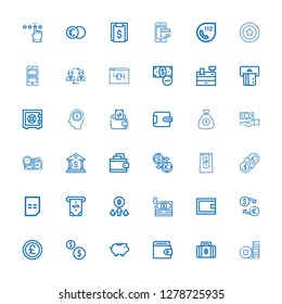 Editable 36 banking icons for web and mobile. Set of banking included icons line Coin, Bitcoin, Wallet, Piggy bank, Coins, Pound, Exchange, Money, Atm, Bill on white background
