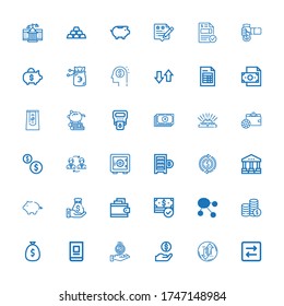 Editierbare 36 Banking Icons für Web und Mobile. Bankensatz inklusive Icons Linie Transfer, Dollar, Münze, Online Banking, Geld, Münzen, Geldbeutel, Geldbeutel, Piggy Bank auf weißem Hintergrund