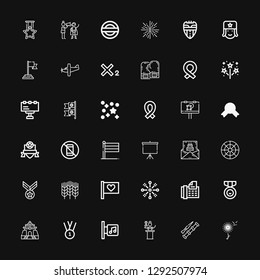 Editable 36 banner icons for web and mobile. Set of banner included icons line Dandelion, Spike, Awards, Music store, Medal, Memorial hall, Fax, Fireworks on black background