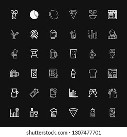 Editable 36 bar icons for web and mobile. Set of bar included icons line Chocolate, Bottle, Pizza, Beer, Wine, Graph bar, Toast, Chart, Drink, Lemonade, Analytics on black background