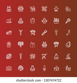 Editable 36 barbecue icons for web and mobile. Set of barbecue included icons line Tandoor, Roast, Ketchup, Apron, Stroopwafel, Bbq, Fast food, Grill, Bacon, Spatula, Meat on red