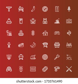 Editable 36 barbecue icons for web and mobile. Set of barbecue included icons line Skewers, Sausage, Grill, Bacon, Ketchup, Ribs, Camping, Spatula, Barbecue, Roast chicken on red