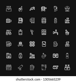Editable 36 barrel icons for web and mobile. Set of barrel included icons line Beer, Cannon, Oil, Gas, Gasoline, Pirate, Fuel, Barrels, Beer tap, Beer keg on black background