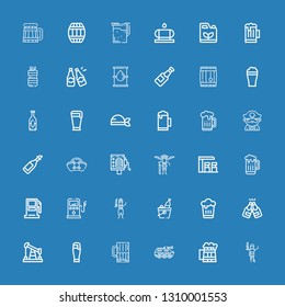Editable 36 barrel icons for web and mobile. Set of barrel included icons line Pirate, Beer, Tank, Oil, Gas station, Gasoline station, Pirates, Barrel organ on blue background