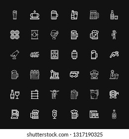 Editable 36 barrel icons for web and mobile. Set of barrel included icons line Beer, Gas station, Gasoline station, Pirates, Barrel, Wine, Pirate, Cannon, Oil on black background