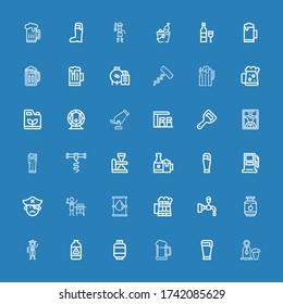 Editable 36 barrel icons for web and mobile. Set of barrel included icons line Beer, Gas, Pirate, Beer tap, Oil, Gasoline station, Beers, Corkscrew, Bottle opener on blue background