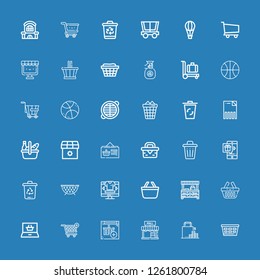 Editable 36 basket icons for web and mobile. Set of basket included icons line Laundry, Shopping, Mall, Online shop, Shopping cart, Shopping online, Basket on blue background