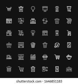 Editable 36 basket icons for web and mobile. Set of basket included icons line Online shop, Online shopping, Trash, Trolley, Fruit bowl, Shopping cart, Flower basket on black background